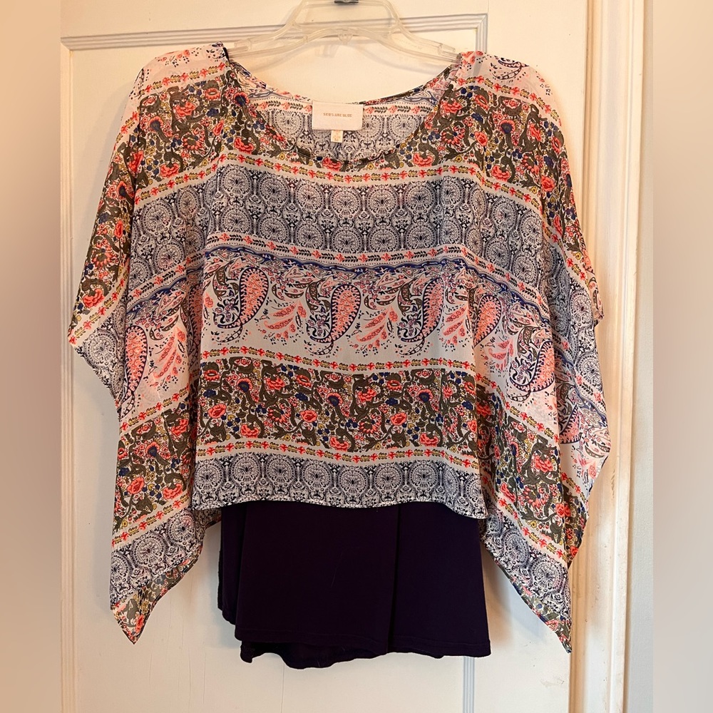 Skies Are Blue navy tank with sheer overlay size M